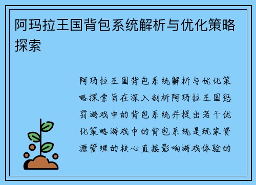 阿玛拉王国背包系统解析与优化策略探索